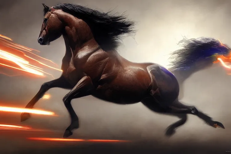 Image similar to a stunning digital painting of a horse as the flash running in the speedforce by greg rutkowski, volumetric light, digital art, fine detail, photorealistic