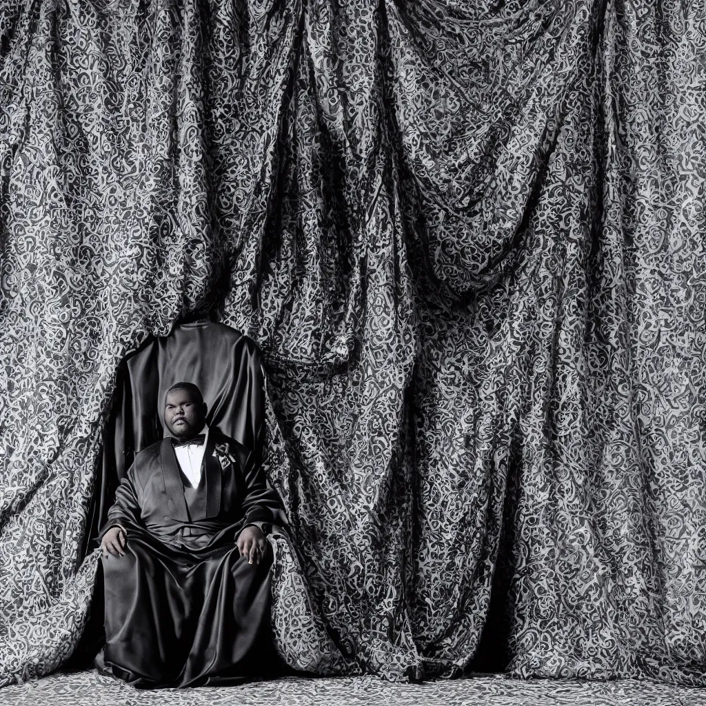 Image similar to Large black man sitting on throne wrapped in silk, background made of large folding curtains, dimly lit, dark, blacklight photography