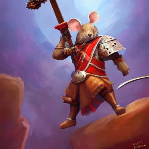 Image similar to mouse sword warrior grabs floating crystal, trending on Artstation, award winning, Oil Painting, 8k scan