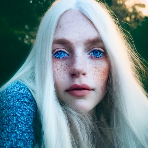 Prompt: beautiful hyperreal portrait of a cute woman, long white hair, freckles, blue eyes, very detailed face, soft smile golden hour, soft focus, 8 k, portra 4 0 0