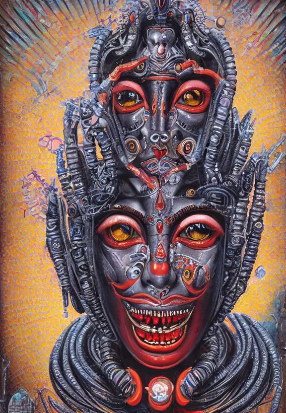 Image similar to biomechanical alien robot goddess kali, female, intense stare, sarcastic smile, symmetrical, concept art, intricate detail, volumetric shadows and lighting, realistic oil painting, 1 9 7 0 psychedelic soviet poster,