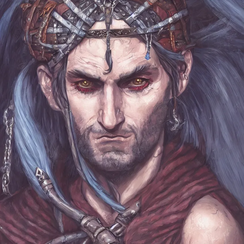 Image similar to an close up oil drawing of a gipsy tiefling in style of witcher, a character portrait by muggur, disco elysium character, featured on deviantart, fantasy art, concept art, official art, hd mod