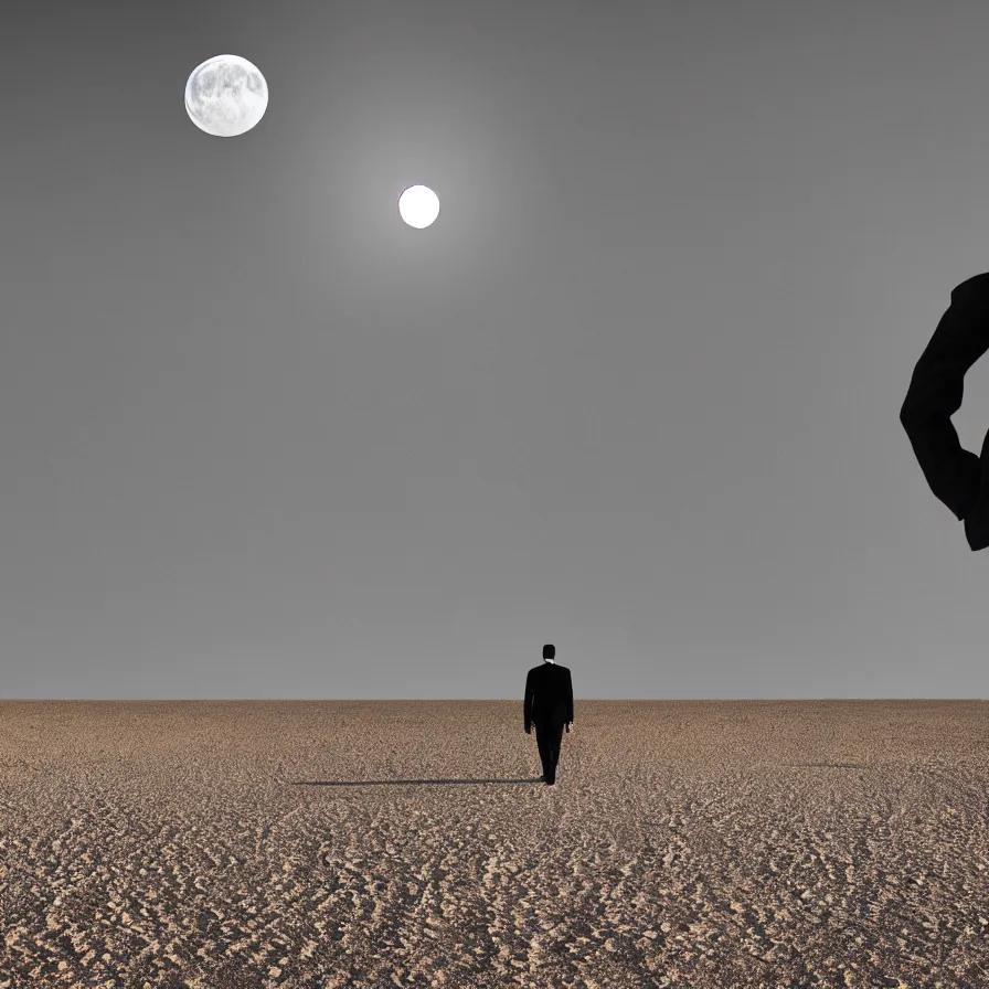 Prompt: a surreal landscape of a powerful man wandering in a vast desert lit by a frightening moon