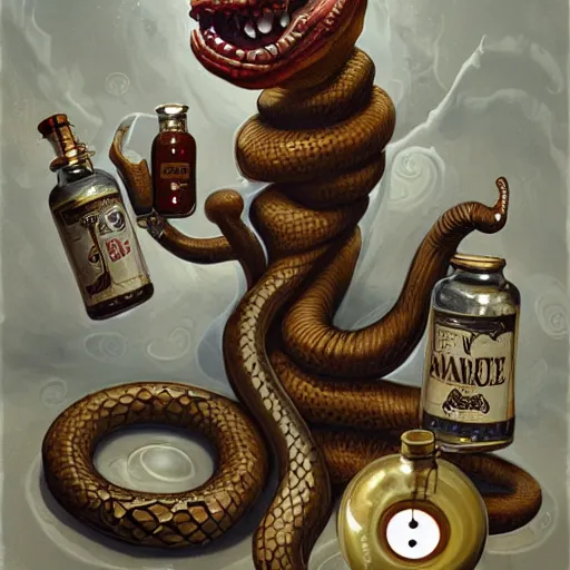 Prompt: a grinning anthropomorphic snake selling bottles of medicine, fantasy, steampunk, peter mohrbacher