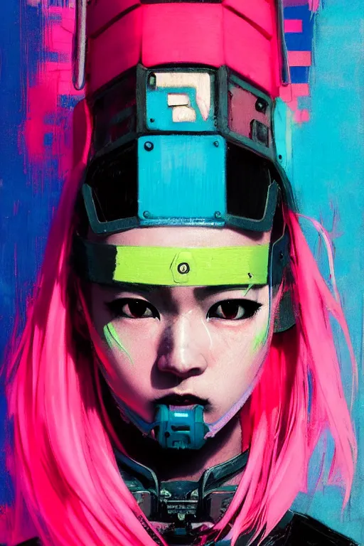 Image similar to stylized japanese cyberpunk ninja girl, wearing urban techwear, and armor, painted in acrylic, pigment textures, in the colors hot pink and cyan, beautiful realistic face, rule of thirds, spotlight, by greg rutkowski, by jeremy mann, by francoise nielly, by van gogh, by ross tran, in focus