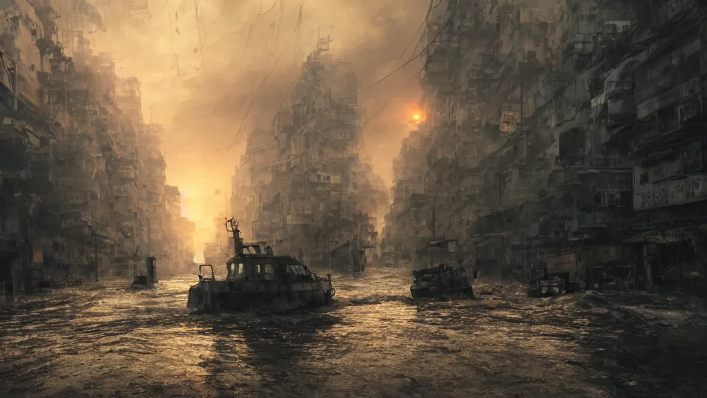 Prompt: dramatic Photorealistic, Matte Painting of a tug boat with bright head lights exploring post apocalyptic flooded ruined Hong Kong city street,Sunset,dark Tall empty buildings,Dark stormy waters by Greg Rutkowski,Craig Mullins,Hyperrealism,Beautiful dramatic moody lighting,Cinematic Atmosphere,Volumetric light rays,VRay Rendering,8K