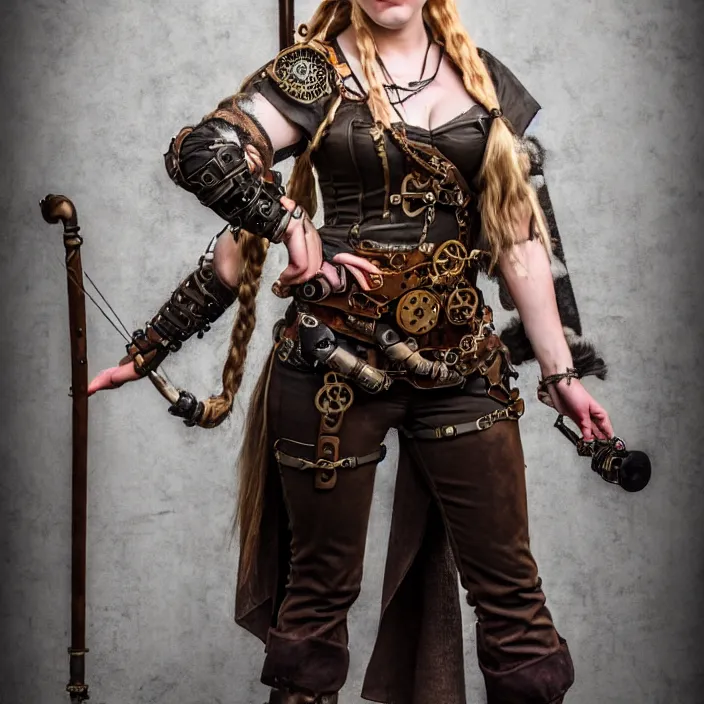 Prompt: full body photograph of a real-life female steampunk viking, Extremely detailed. 8k