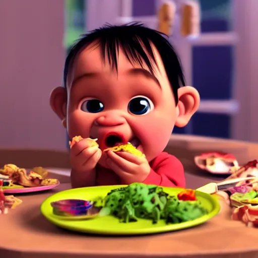 Prompt: baby savage inca eating, pixar style