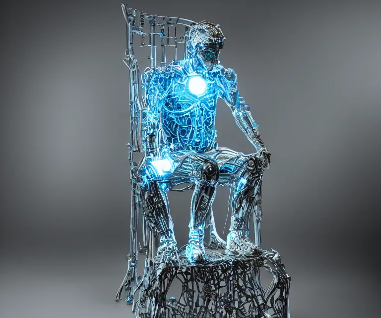 Image similar to semi - transparent glowing cyborg sitting on an intricate metal throne, fantasy sci - fi, majestic lighting, metallic, 2 0 0 mm focus, bokeh