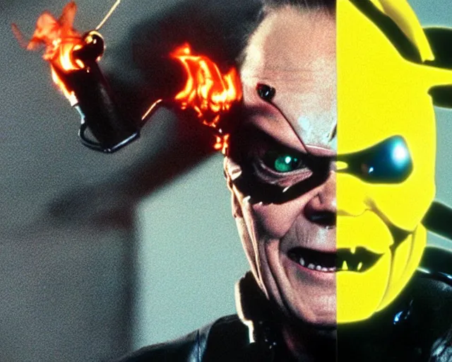 Image similar to Jack Nicholson plays Terminator Pikachu cyborg hybrid wearing leather jacket and his endoskeleton is visible his eye glows red, walking out of flames