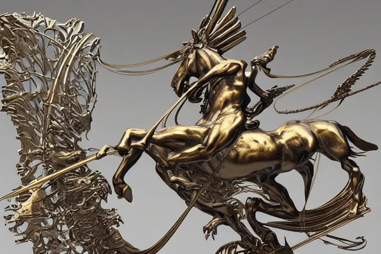 Image similar to sagittarius astrological sign sculpture in bronze by stanisław szukalski and wadim kashin, highly detailed, 3 d, star chart overlay