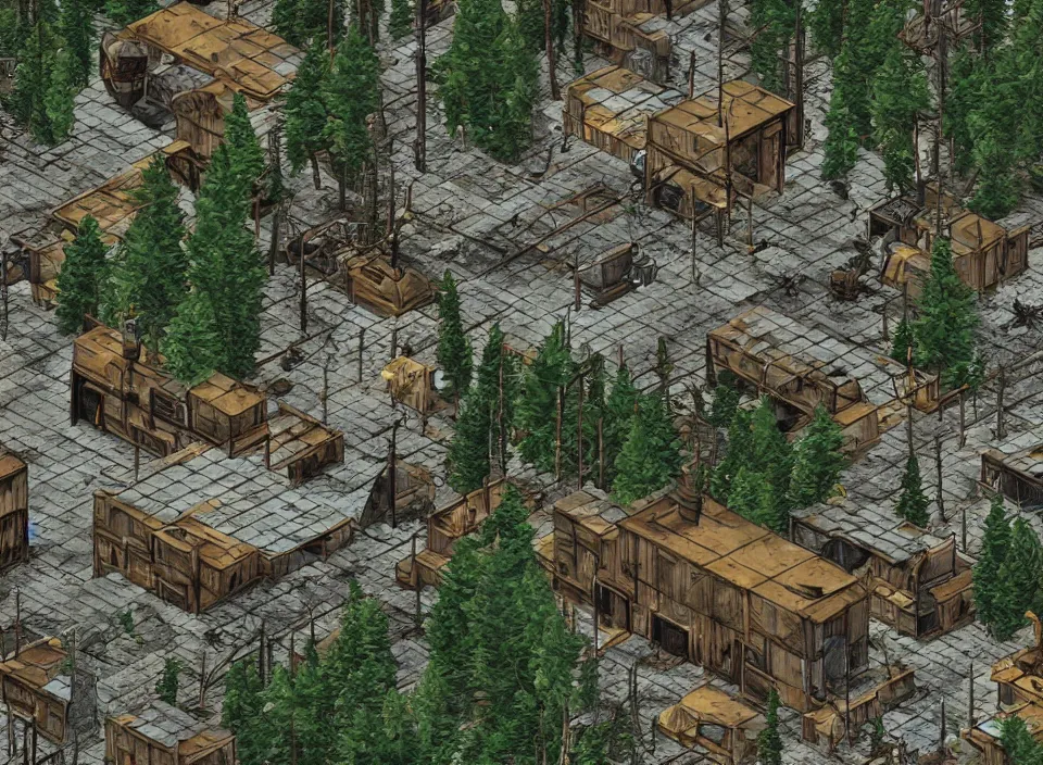 Image similar to Screenshot of the outside of an diseased pine forest in Fallout 2 (1998), isometric perspective, postapocalyptic, bird's eye view, prerendered isometric graphics, high quality