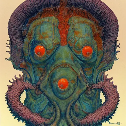 Prompt: portrait of orange cthulhu by wayne barlowe in the style of egon schiele