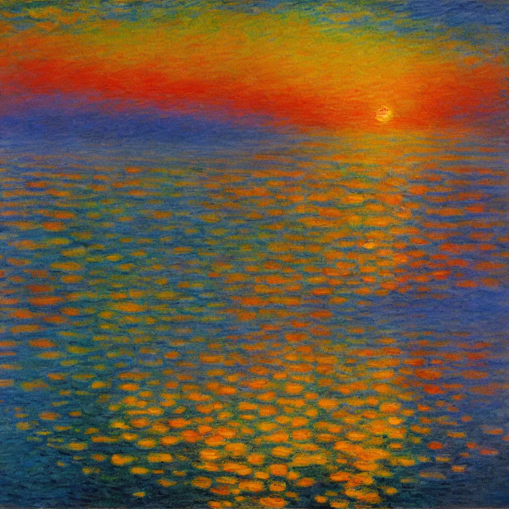 Image similar to an impasto oil painting of a stunning, colorful sunset painted by claude monet, complementary colors, golden ratio