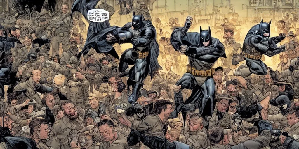 Image similar to Batman fighting mall-cops. Epic painting by James Gurney and Laurie Greasley.