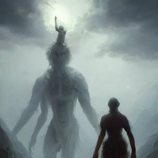 Image similar to a beautiful terrifying immense pale humanoid giant looms over a tiny human. ethereal horror fantasy art by greg rutkowski