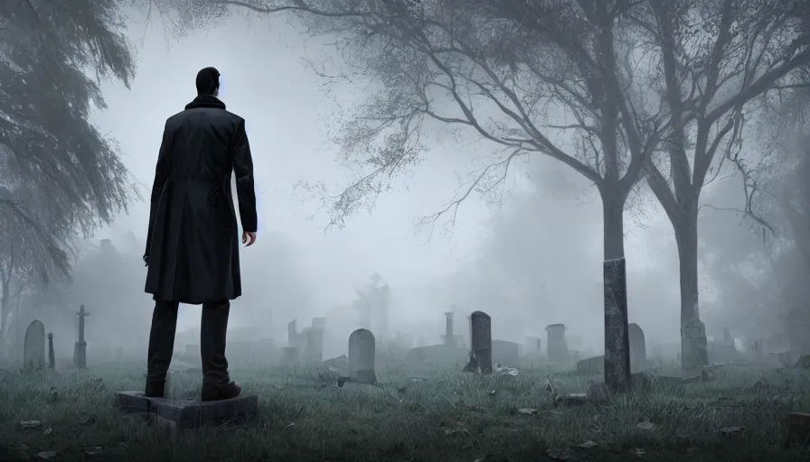 Prompt: Man in black trench coat and long hair standing in front of a grave in an abandoned cemetery, grey sky, light fog, hyperdetailed, artstation, cgsociety, 8k