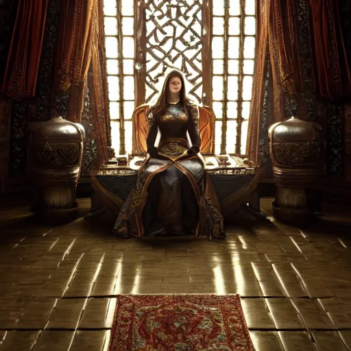 Image similar to the elder scrolls vi, charismatic regal brunette female jarl, portrait, throne room, atmospheric lighting, painted, intricate, volumetric lighting, beautiful, daytime, sunny weather, slight overcast, sharp focus, deep colours, ultra detailed, by leesha hannigan, ross tran, thierry doizon, kai carpenter, ignacio fernandez rios