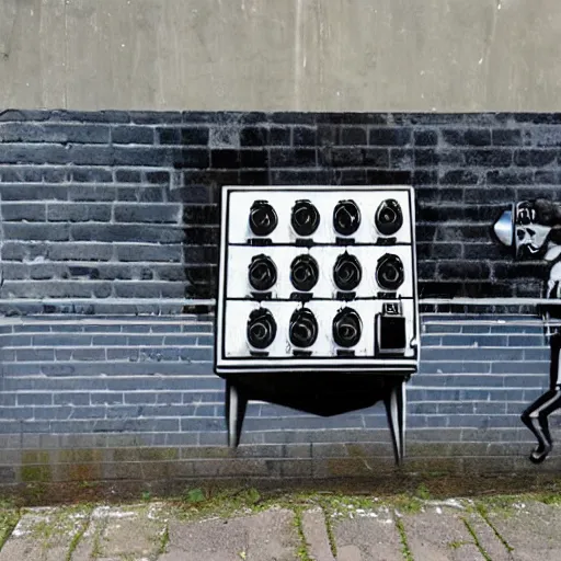 Image similar to Street-art painting of a TB303 in style of Banksy, photorealism