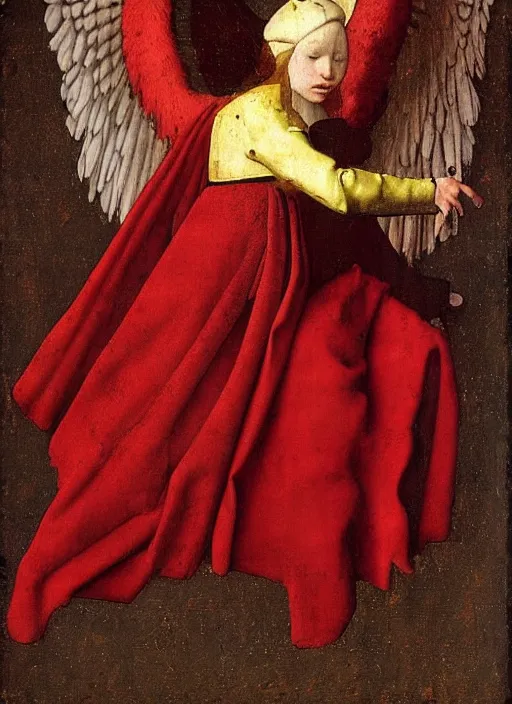 Image similar to Flying Fallen Angel with wings dressed in red, Medieval painting by Jan van Eyck, Johannes Vermeer, Florence