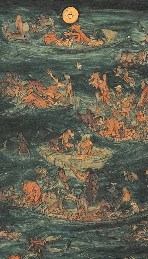 Image similar to man on boat crossing a body of water in hell with creatures in the water, sea of souls, by qian xuan