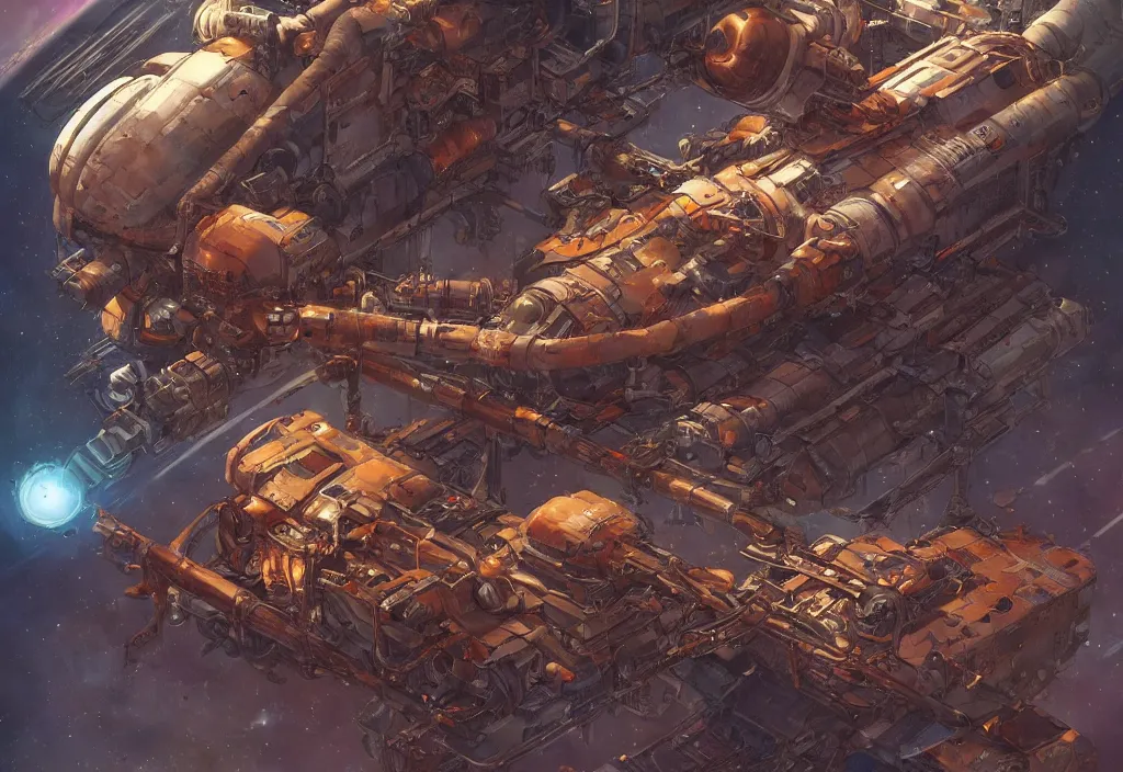 Image similar to old rusting cargo space ship, rusty work spaceship with bolted on upgrades and a glowing engine in deep space illustrated by greg tocchini, jesper ejsing and makoto shinkai