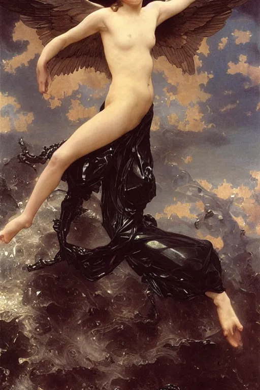 Image similar to hyperrealist highly detailed english medieval portrait of high fashion archangel swimming in black giant ferrofluid liquid ocean, Art by William Adolphe Bouguereau,, Art by William Adolphe Bouguereau,, by Annie Swynnerton and Tino Rodriguez and Maxfield Parrish, elaborately costumed, rich color, dramatic cinematic lighting, extremely detailed, radiating atomic neon corals, concept art pascal blanche dramatic studio lighting 8k wide angle shallow depth of field, Art by William Adolphe Bouguereau, extreme detailed and hyperrealistic