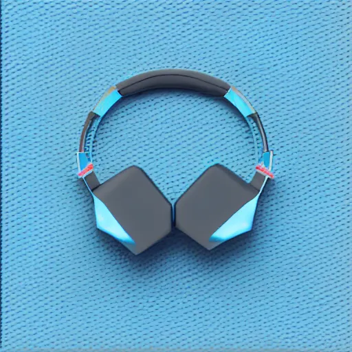 Prompt: an icon of a headphones in light blue metallic iridescent material, 3D render isometric perspective on dark background