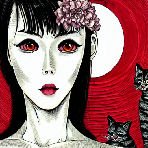 Image similar to portrait of a beautiful woman, gothic, cat eyes, high detail, illustration by junji ito