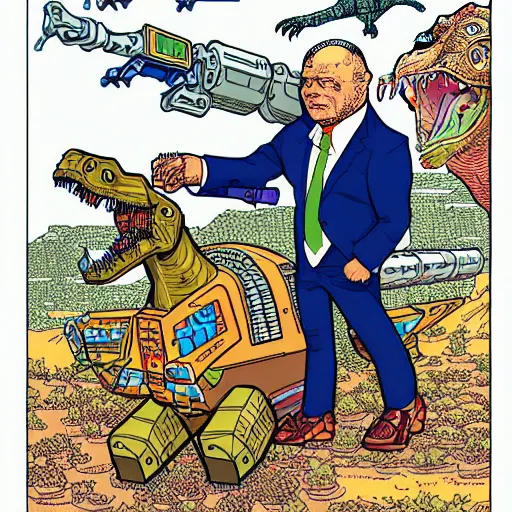 Prompt: detailed intricate colour illustration of a businessman with a laser pistol riding a mecha dinosaur, in the style of Geof Darrow