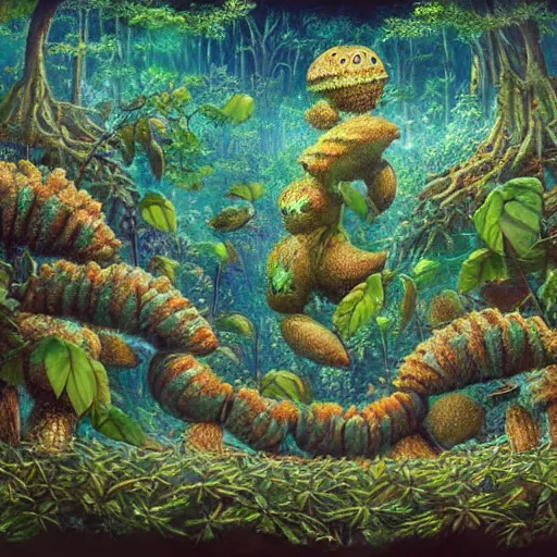 Image similar to a beautiful painting powerful raspberry forest raspberry forest pod cocoa pine tree nut, by wendy froud and ghibli studios, an 8 megapixel webcam recording electron microscope, national geographic photo aquatic creepy village couch turtle