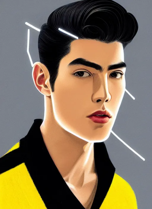 Image similar to portrait of young reggie mantle, mean smirk, egotistical, slicked back hair, striped yellow and black sweater, 1 9 5 0 s, intricate, elegant, glowing lights, highly detailed, digital painting, artstation, concept art, smooth, sharp focus, illustration, art by wlop, mars ravelo and greg rutkowski