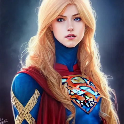 Image similar to Katherine McNamara with blonde hair as Super Girl, western, D&D, fantasy, intricate, elegant, highly detailed, digital painting, artstation, concept art, matte, sharp focus, illustration, art by Artgerm and Greg Rutkowski and Alphonse Mucha