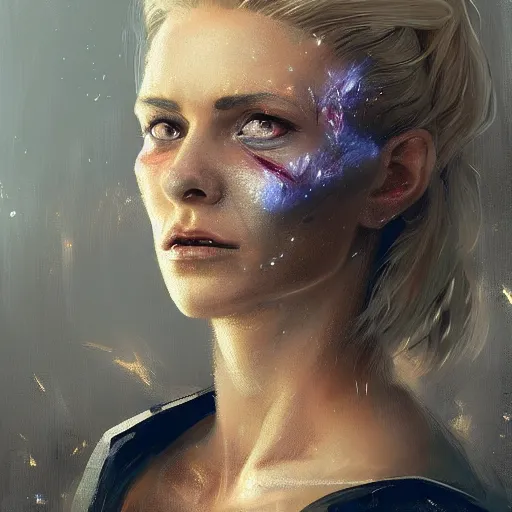 Image similar to portrait of a woman by greg rutkowski, she is about 3 0 years old, pretty, blond hair with two strans around her face, crying, helplessness and denial, she is wearing a futuristic space gear, highly detailed portrait, digital painting, artstation, concept art, smooth, sharp foccus ilustration, artstation hq.