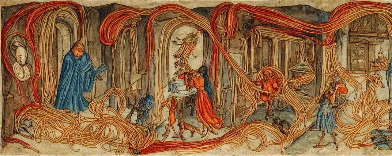 Image similar to ancient manuscripts detailing spaghetti, in the style of grimm's fairytales, fine detail, kodachrome