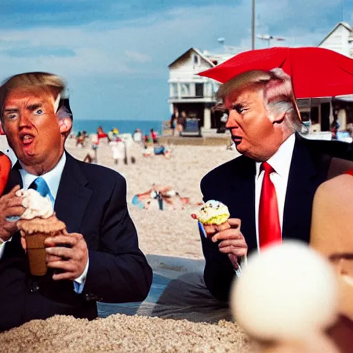 Prompt: Donald trump is having ice cream at the beach by martin parr. Color photography.