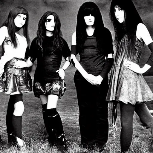 Image similar to group of 2 1 - year - old girls dressed like black sabbath, female rock band, proto - metal, doom metal band promo, 1 9 7 0 photograph