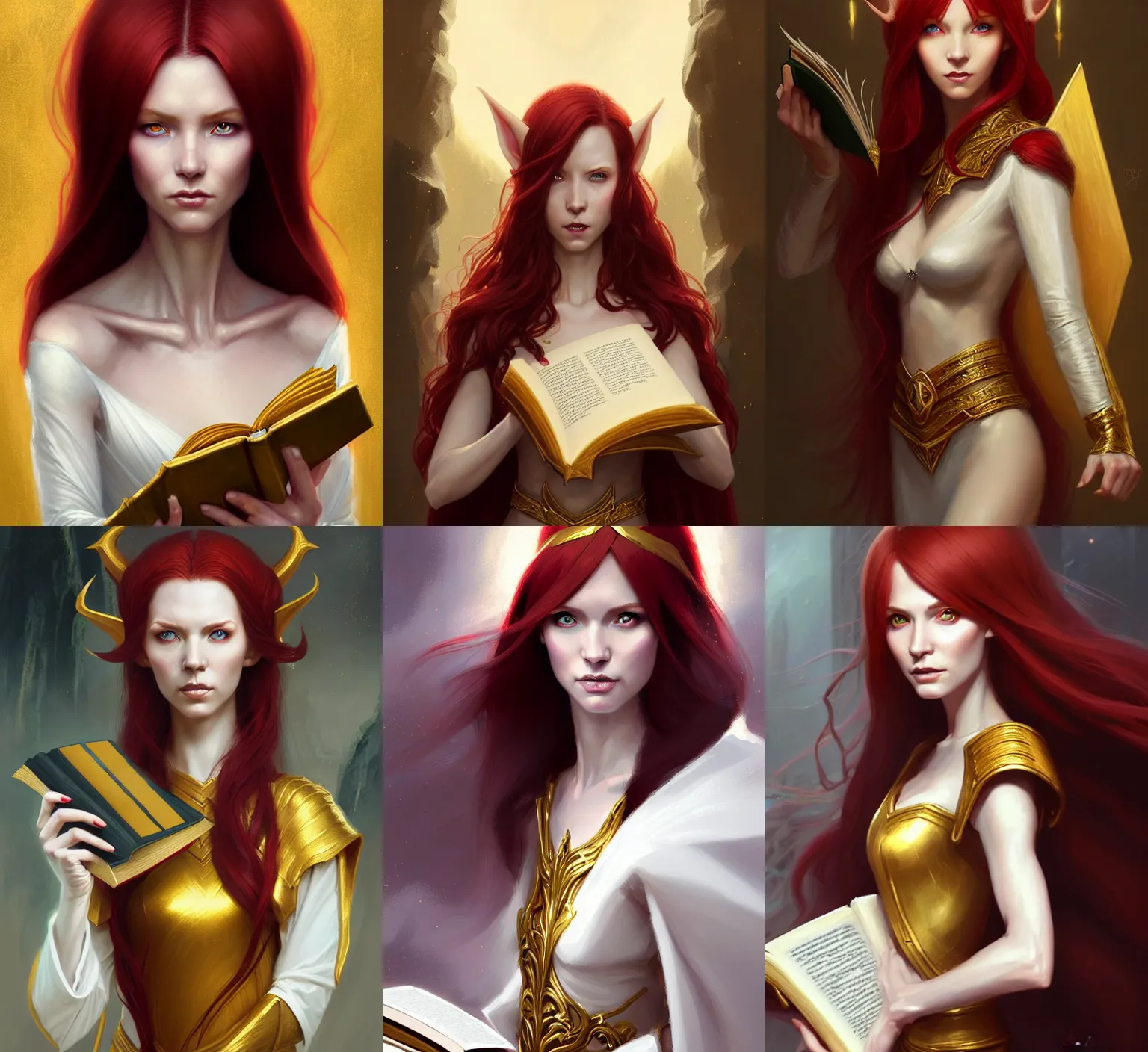 Prompt: Portrait of dark-red haired elf woman, D&D fantasy, wearing white and golden robes which look distinguished, she has a sophisticated expression and is holding a book. Intricate, highly detailed, digital painting, artstation, concept art, sharp focus, illustration, art by greg rutkowski and Ross Tran