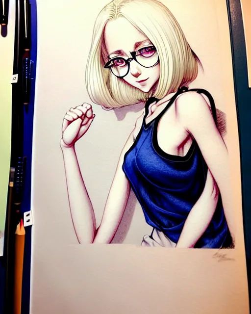 Prompt: young woman with medium length bright blonde hair and pale skin in a black silk tank top and navy blue gym shorts and black-framed glasses, in an old study room, complex artistic color ink pen sketch illustration, subtle detailing, heavenly concept art by Artgerm and Range Murata in collaboration.