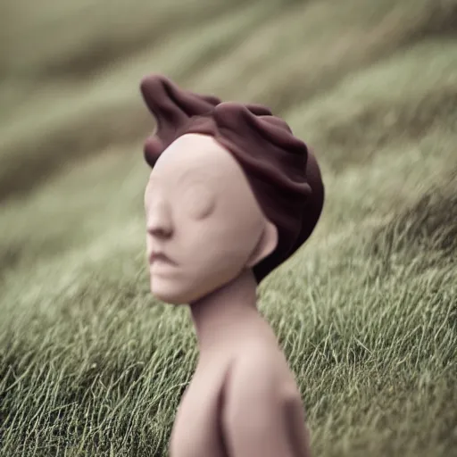 Prompt: a girl made out of clay surrounded by a biomorphic clouds in rolling hills, 5 0 mm lens, f 1. 4, sharp focus, ethereal, emotionally evoking, head in focus, volumetric lighting, 8 k