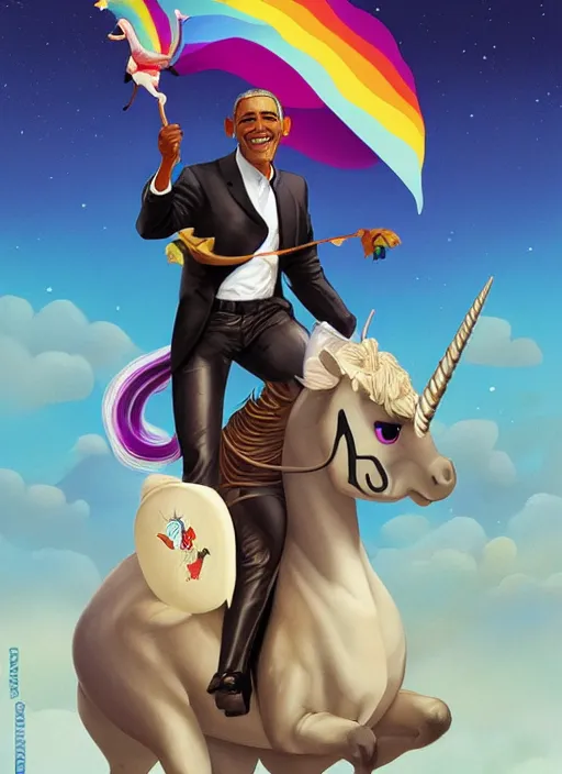 Image similar to obama riding an unicorn, pixar style, by tristan eaton stanley artgerm and tom bagshaw.