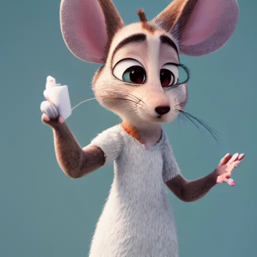 Prompt: 3 d render, portrait, headshot, closeup, anthropomorphic mouse, female, in a maxi white dress, in the style of zootopia, closeup