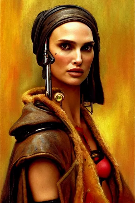 Image similar to character portrait cyberpunk warhammer 4 0 k, natalie portman as the girl with the pearl earring character design, painting by gaston bussiere, katsuya terada, frank frazetta, tom of finland, trending on artstation