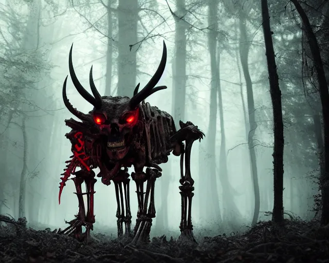 Prompt: 5 5 mm portrait photo of an armored demonic human skeleton with horns and red eyes, in a magical forest. dark atmosphere. art by greg rutkowski. highly detailed 8 k. intricate. lifelike. soft light. nikon d 8 5 0.