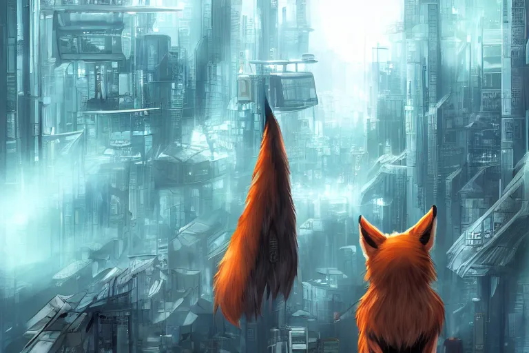 Image similar to an anthropomorphic fox with a fluffy tail staring over a futuristic city from the top of a roof, comic art, trending on furaffinity, cyberpunk, backlighting, cartoon