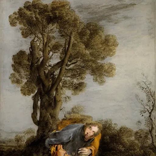 Image similar to by ron garney, by jean - antoine watteau precise screen printing. a land art of a man caught in a storm, buffeted by wind & rain. he clings to a tree for support, but the tree is bent by the force of the storm. he is soaking wet. his face is contorted with fear & effort.