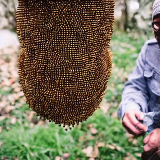Image similar to a huge beehive larger than a human, very detailed, shot in canon 50mm f/1.2