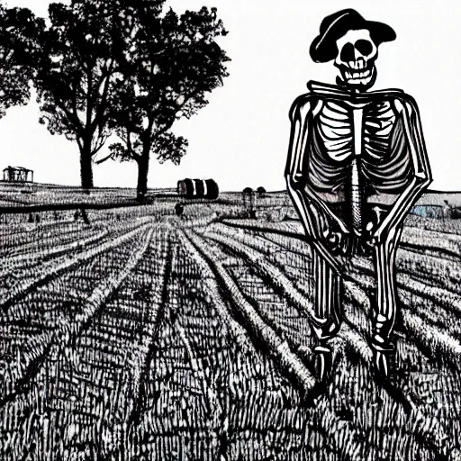 Prompt: a farmer skeleton working his field in the style of soviet propaganda