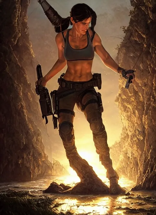 Image similar to Sandra Bullock as Lara Croft as a ruggedly handsome heroine kneeling next to a glowing artifact lodged in shallow water, intricate, elegant, highly detailed, artstation, concept art, smooth, sharp focus, illustration, bokeh art by artgerm and donato giancola and Joseph Christian Leyendecker, WLOP, fireflies