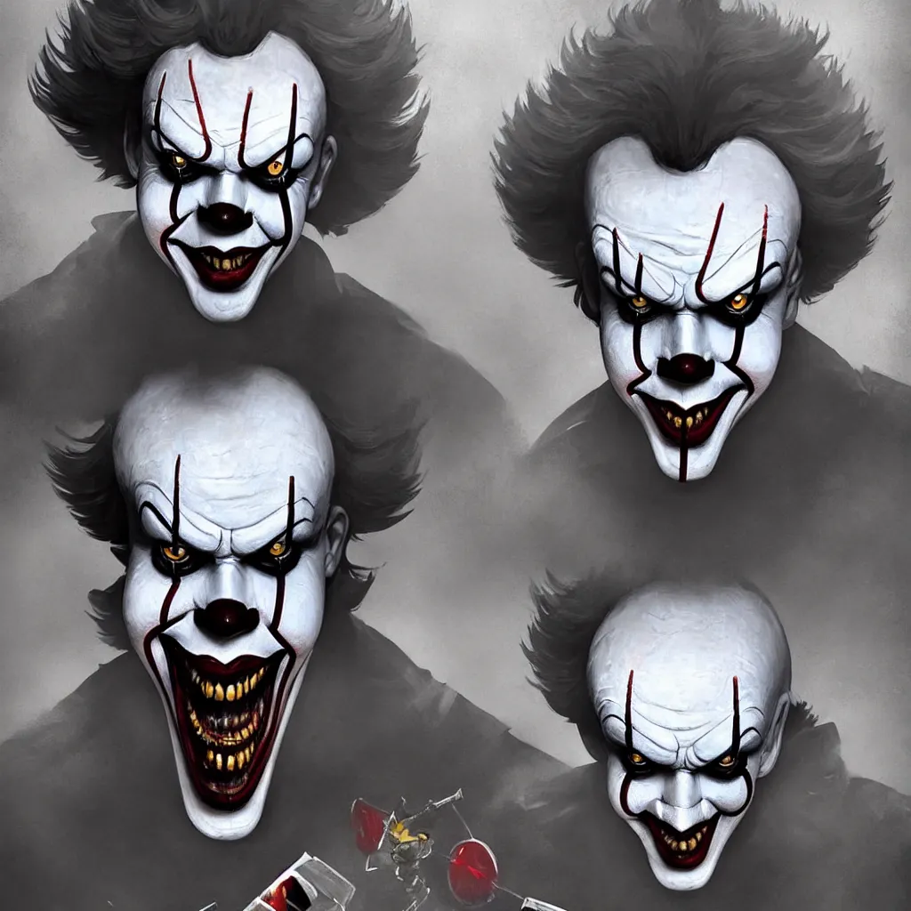 Image similar to symmetry of pennywise mixed with batman from neil gaiman, rpg reference, art by greg rutkowski, artgerm, trending on artstation, octane render, insanely detailed, 8 k, hd